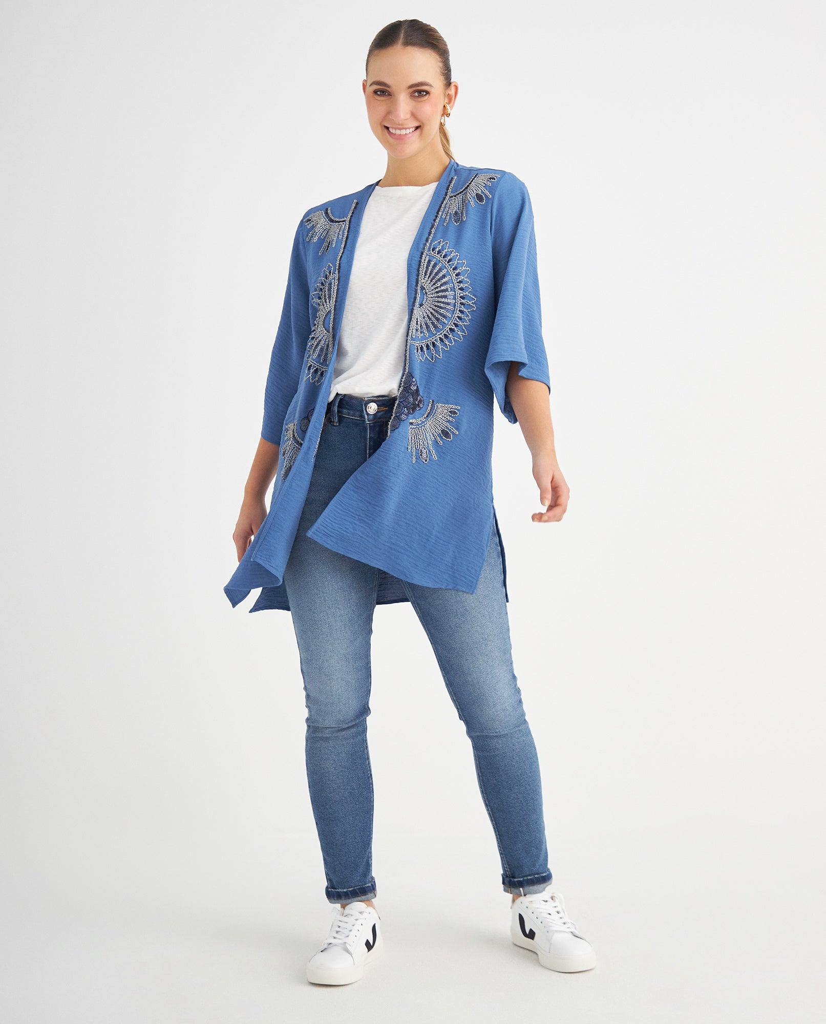 Kimono con apliques bordados para mujer - Azul 34_619F037_AZU174123_5