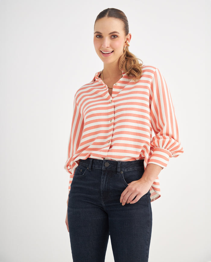 Camisa con estampado a rayas para mujer - Naranja 34_619F052_NAR171540_0