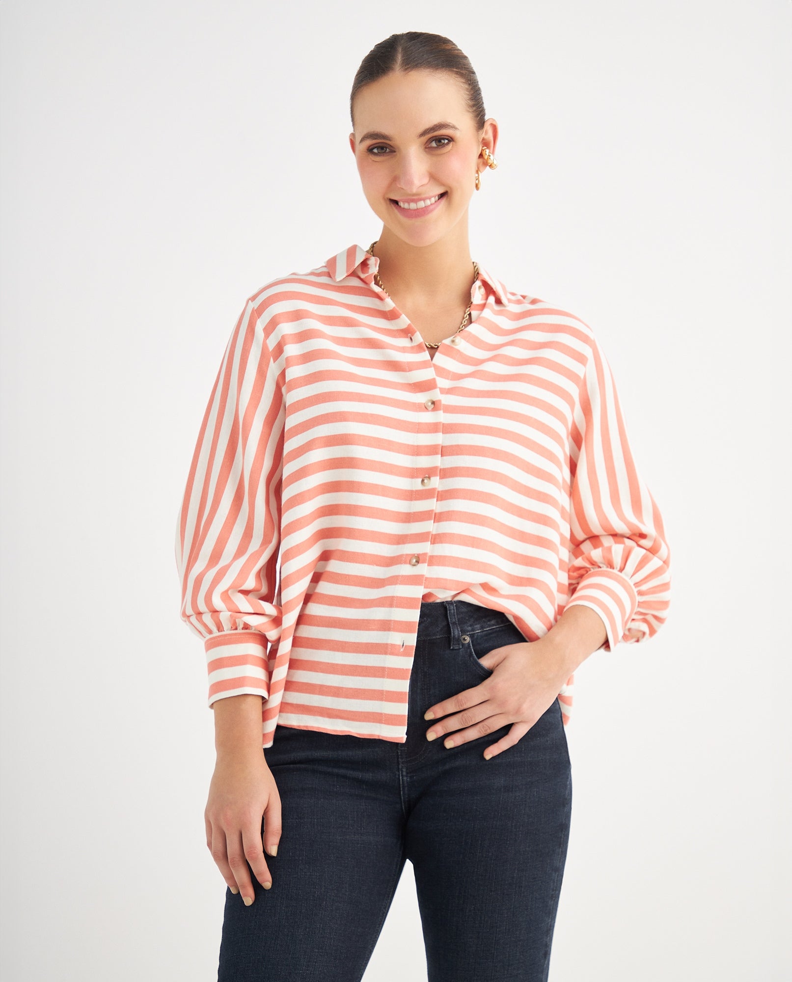 Camisa con estampado a rayas para mujer - Naranja 34_619F052_NAR171540_6