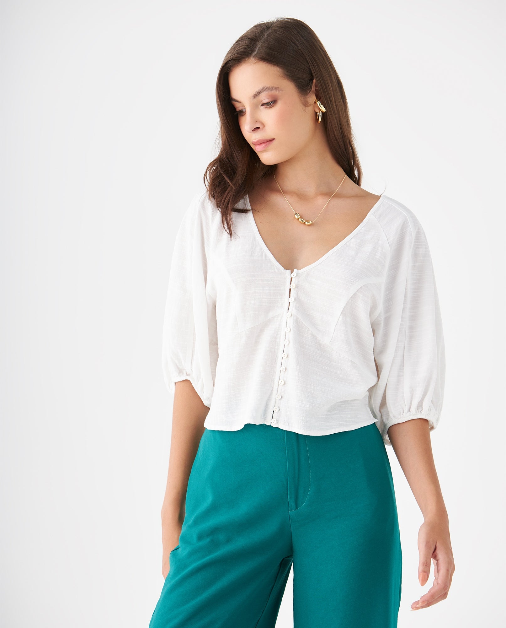 Camisa manga corta con volumen para mujer - Crudo 34_619F069_CRU110602_0