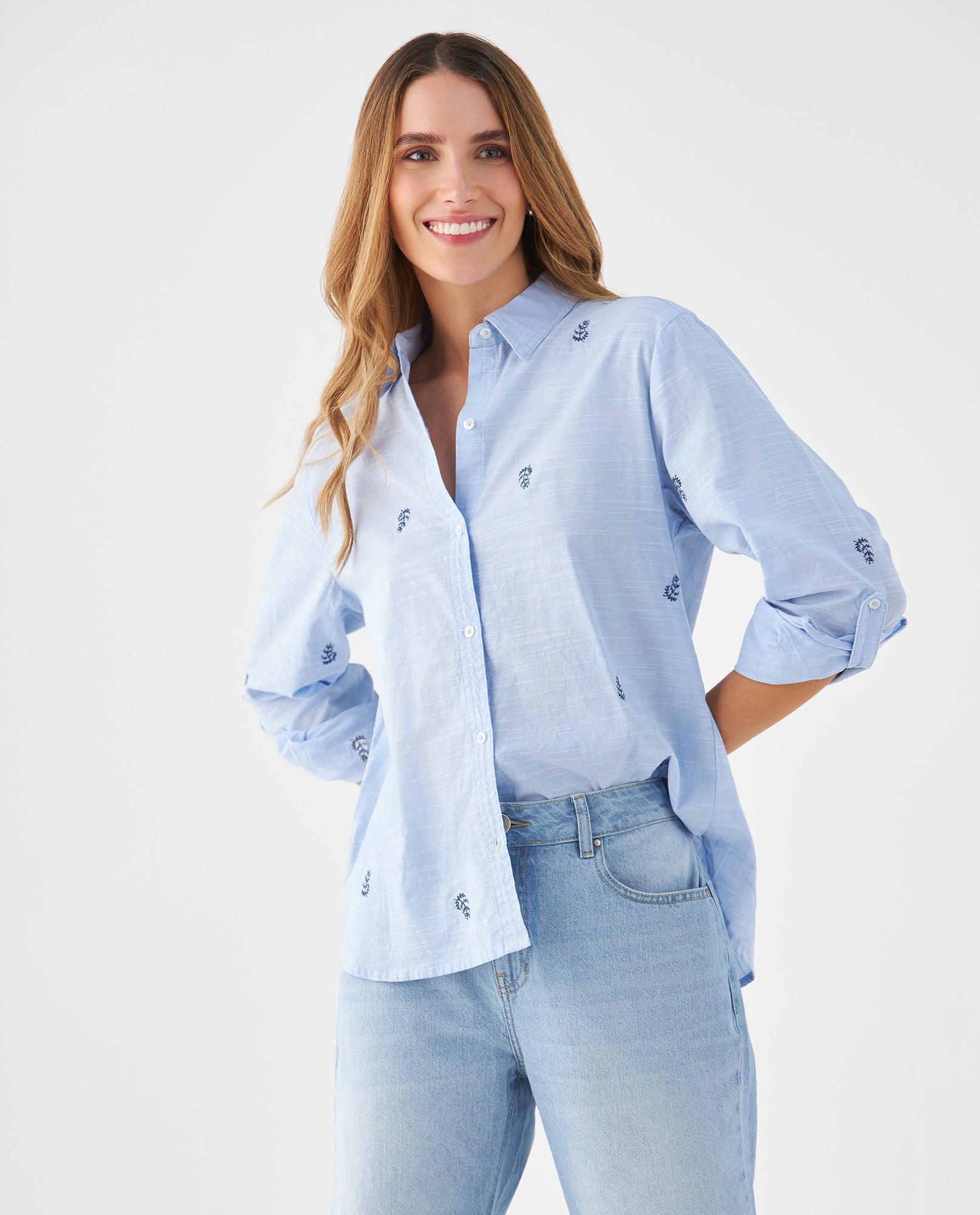 Camisa con mini prints bordados para mujer - Azul 34_619F080_AZU154020_0