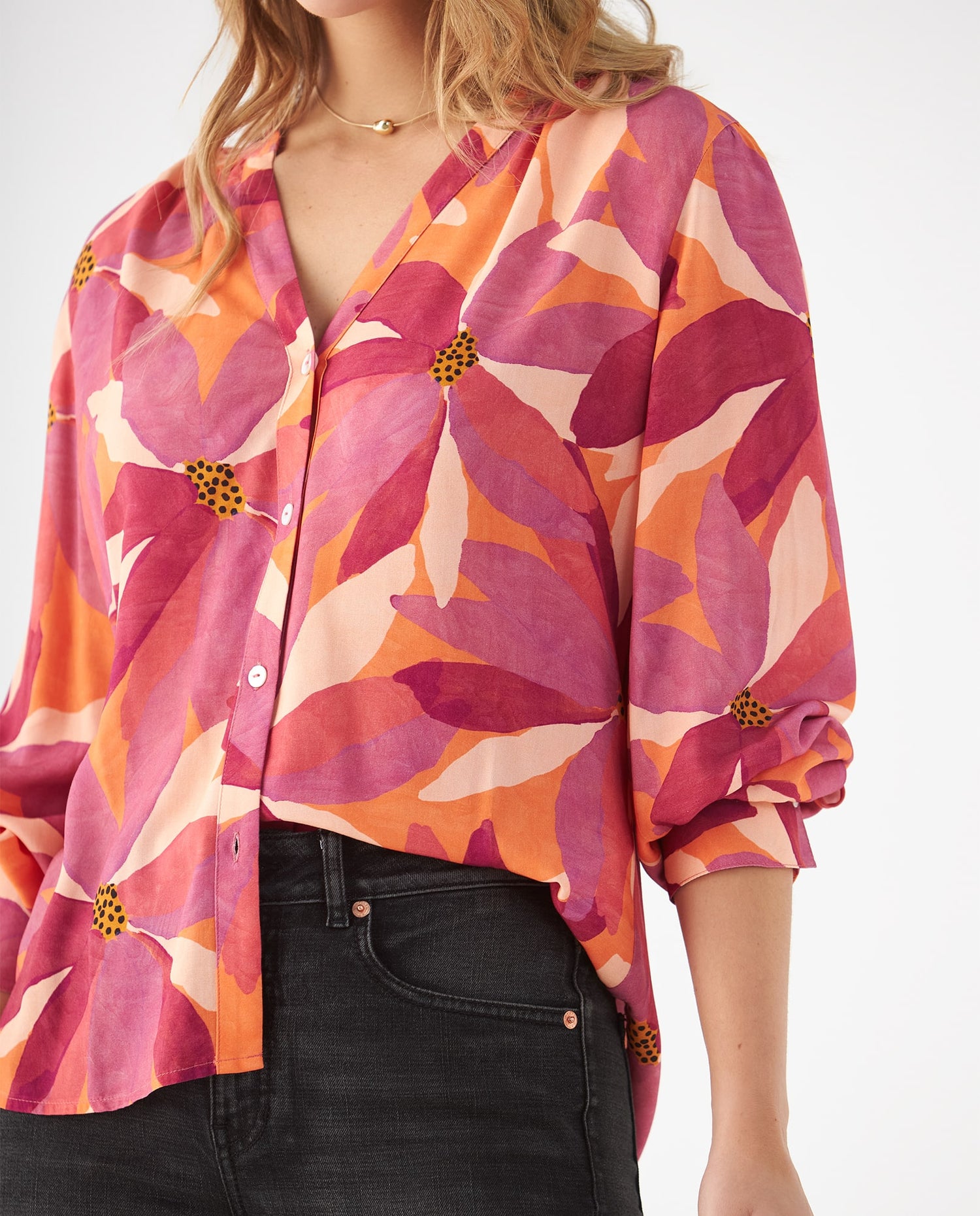 Camisa con estampado tropical para mujer - Rojo