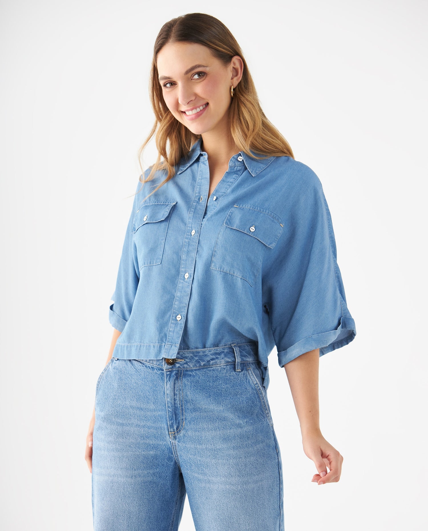 Camisa con bolsillos de tapa para mujer - Azul
