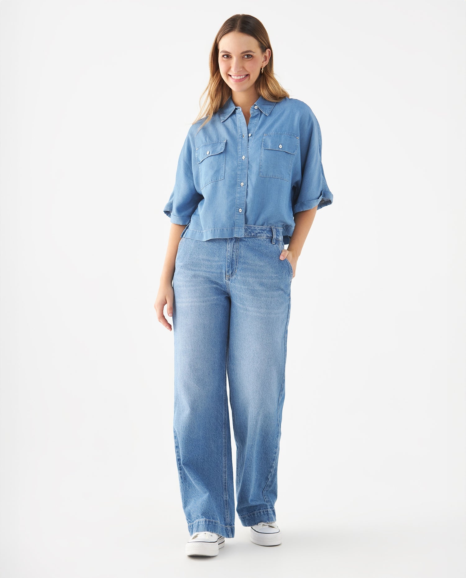 Camisa con bolsillos de tapa para mujer - Azul