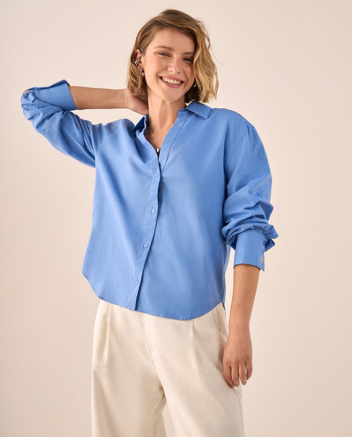 Camisa Azul con Bordados Dorados en Puños - Azul 34_619G008_AZU173936_0