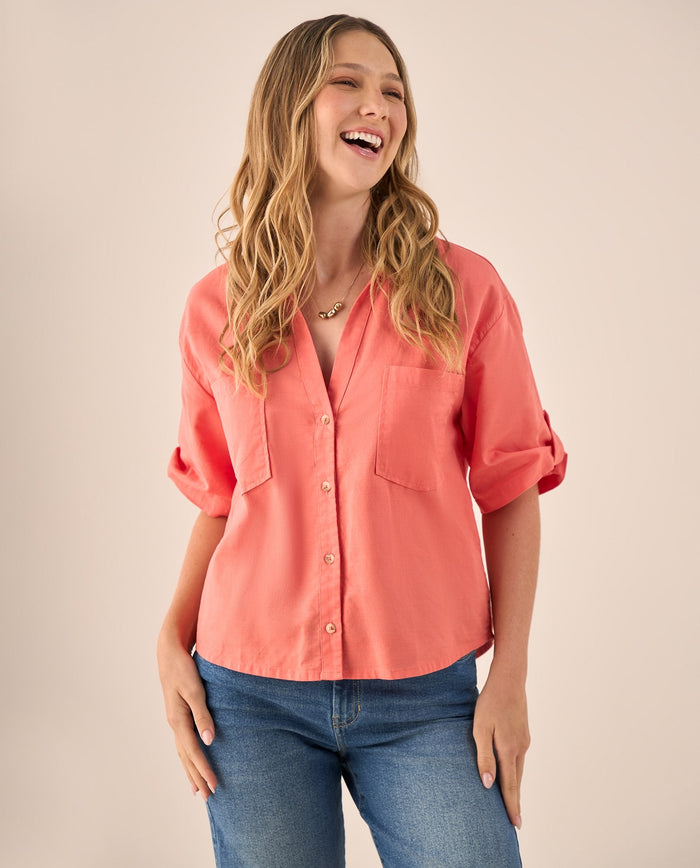 Camisa Amarilla de Algodón y Lino - Naranja 34_619G015_NAR171544_0