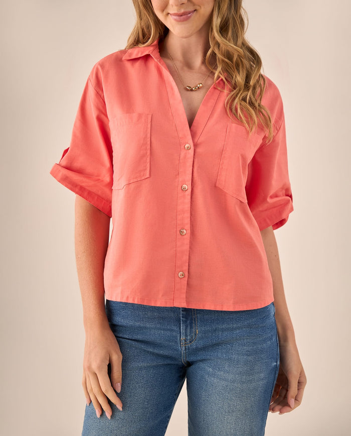 Camisa Amarilla de Algodón y Lino - Naranja 34_619G015_NAR171544_3