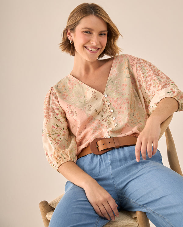 Blusa Floral Patchwork Rosa Manga 3/4 - Rosa 34_619G020_ROS131408_0