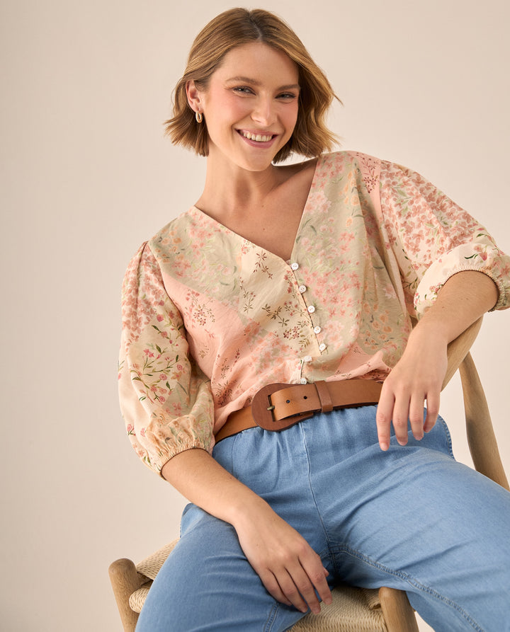 Blusa Floral Patchwork Rosa Manga 3/4 - Rosa 34_619G020_ROS131408_0