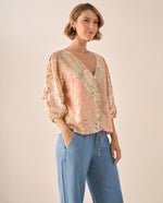 Blusa Floral Patchwork Rosa Manga 3/4 - Rosa