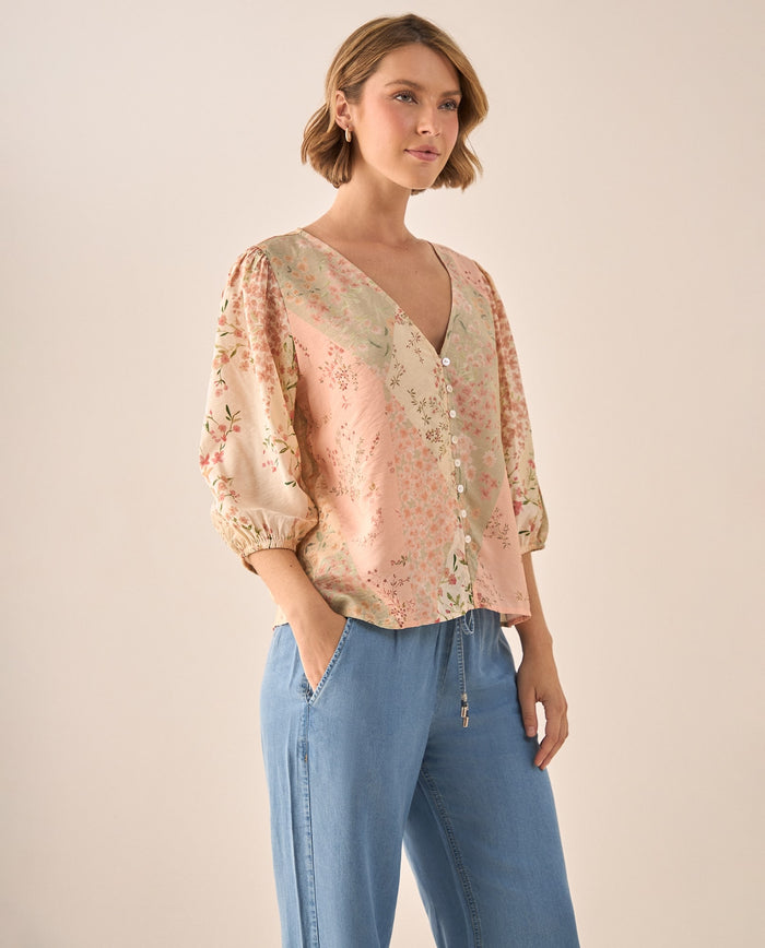 Blusa Floral Patchwork Rosa Manga 3/4 - Rosa 34_619G020_ROS131408_3