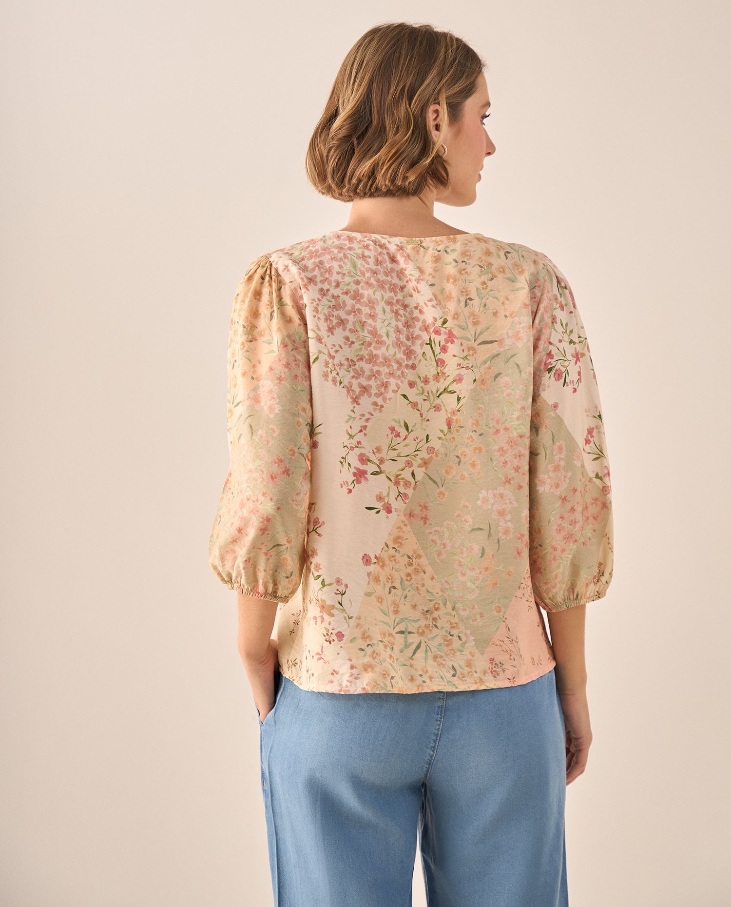 Blusa Floral Patchwork Rosa Manga 3/4 - Rosa