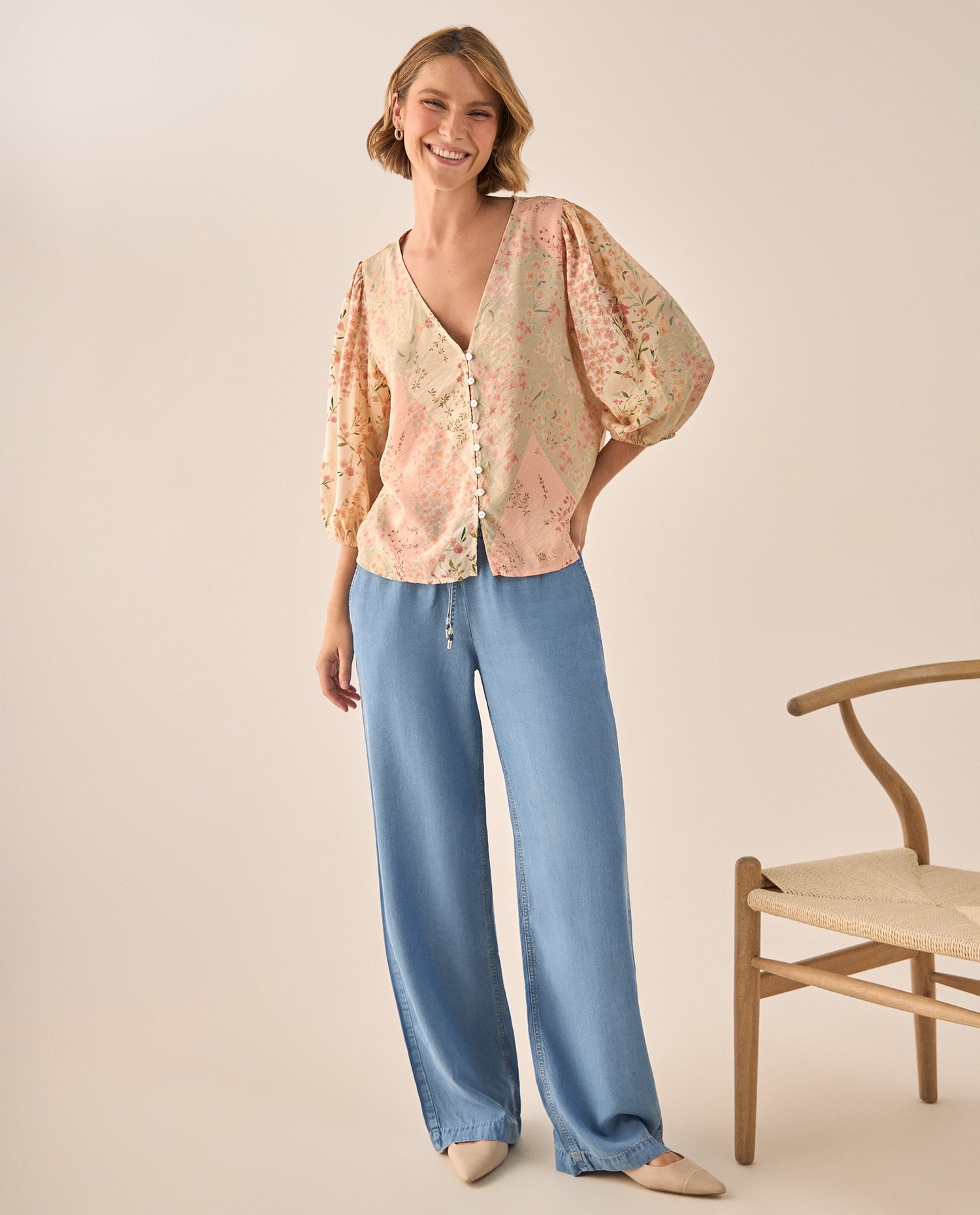 Blusa Floral Patchwork Rosa Manga 3/4 - Rosa