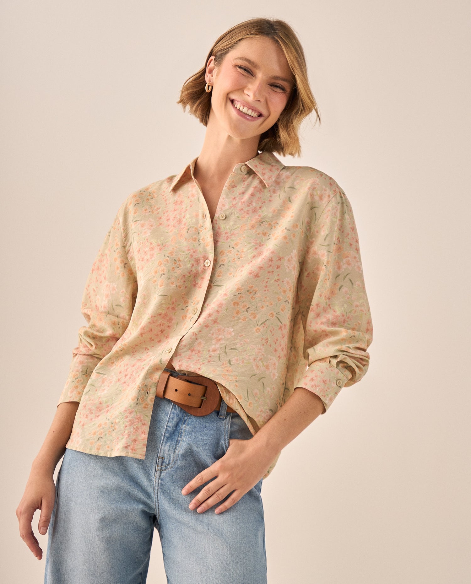 Camisa Floral Rosa Claro Manga Larga - Rosa
