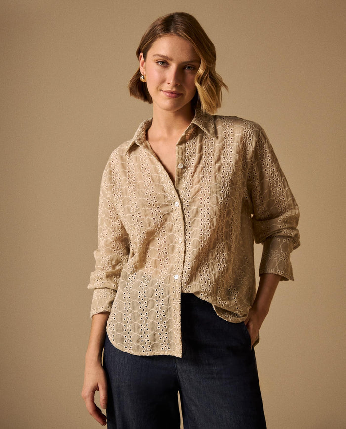 Camisa con Bordado Inglés Calado - Beige 34_619G050_BEI151306_0