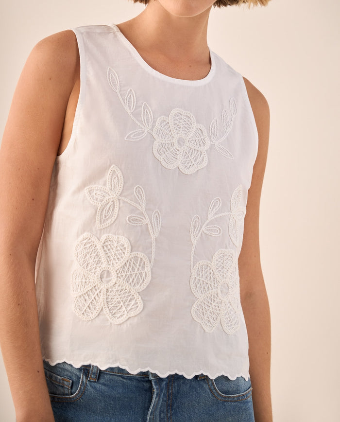 Blusa Blanca con Bordados Florales Artesanales - Crudo 34_619G200_CRU110105_3