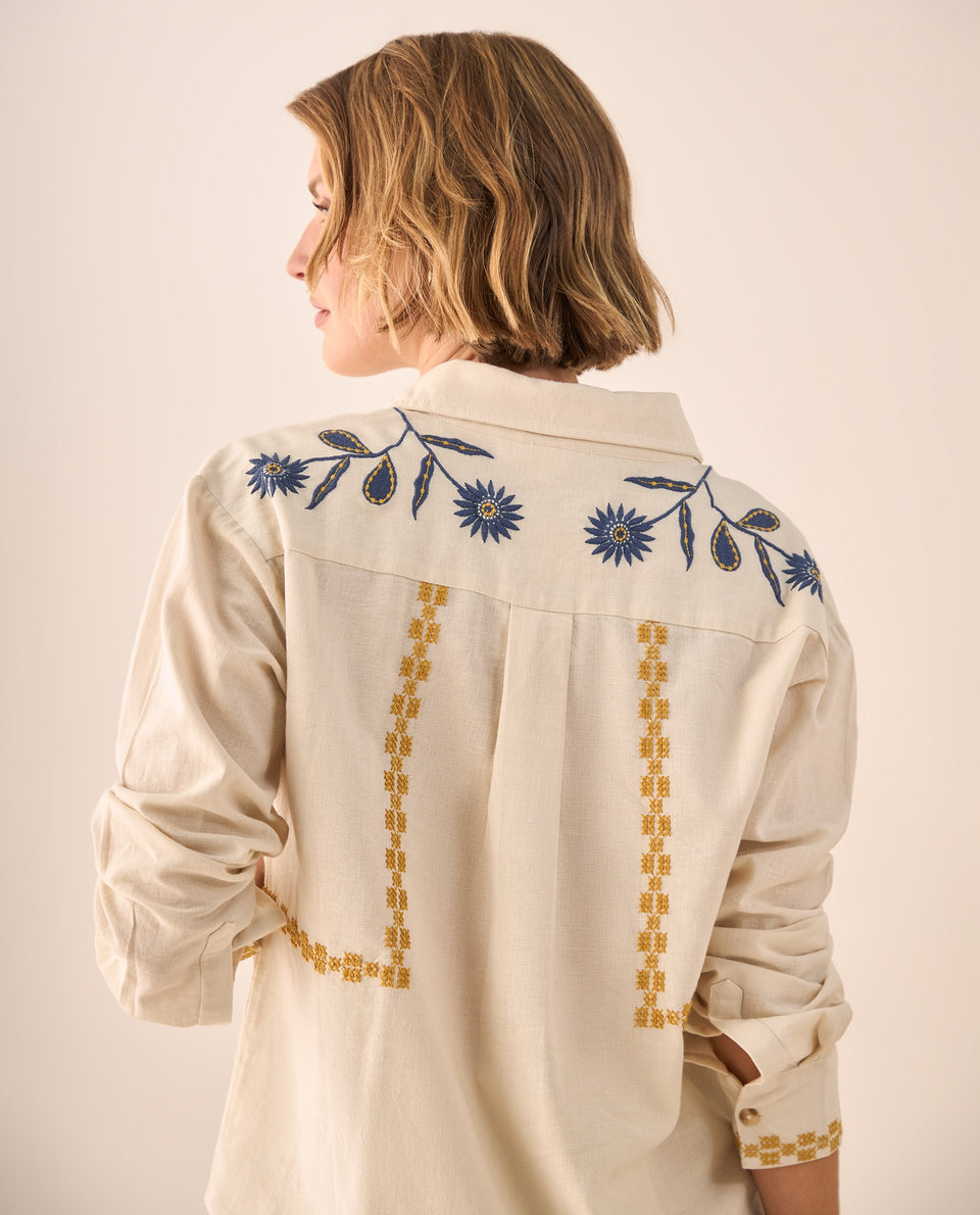 Camisa Beige con Bordados Florales Azules - Beige 34_619G202_BEI130607_6