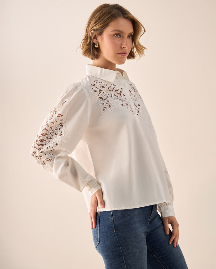 Camisa Blanca con Bordados Calados Artesanales - Crudo 34_619G212_CRU144500_0