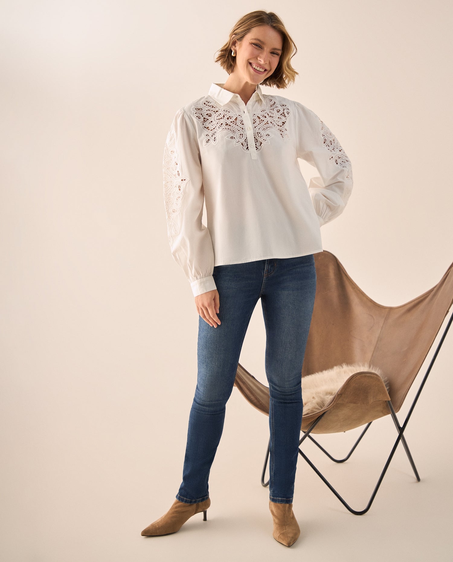 Camisa Blanca con Bordados Calados Artesanales - Crudo