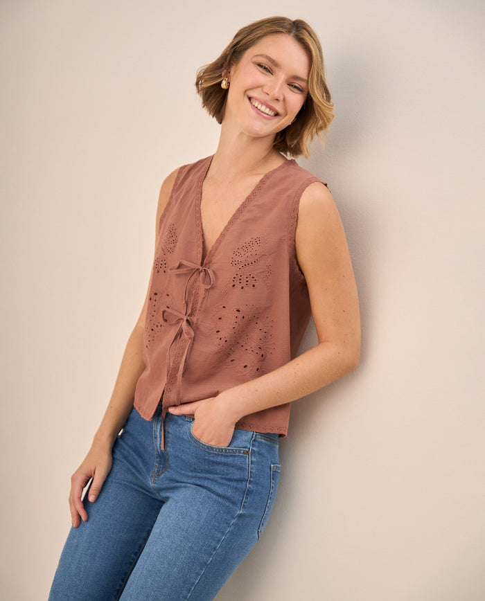 Camisa Bordada con Lazos Café Ladrillo - Café 34_619G214_CAF171340_0