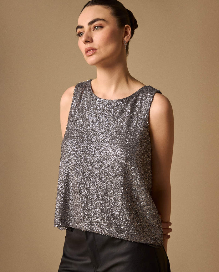 Blusa Lentejuelas Gris Plateado Sin Mangas - Gris 34_619G221_GRI134303_0