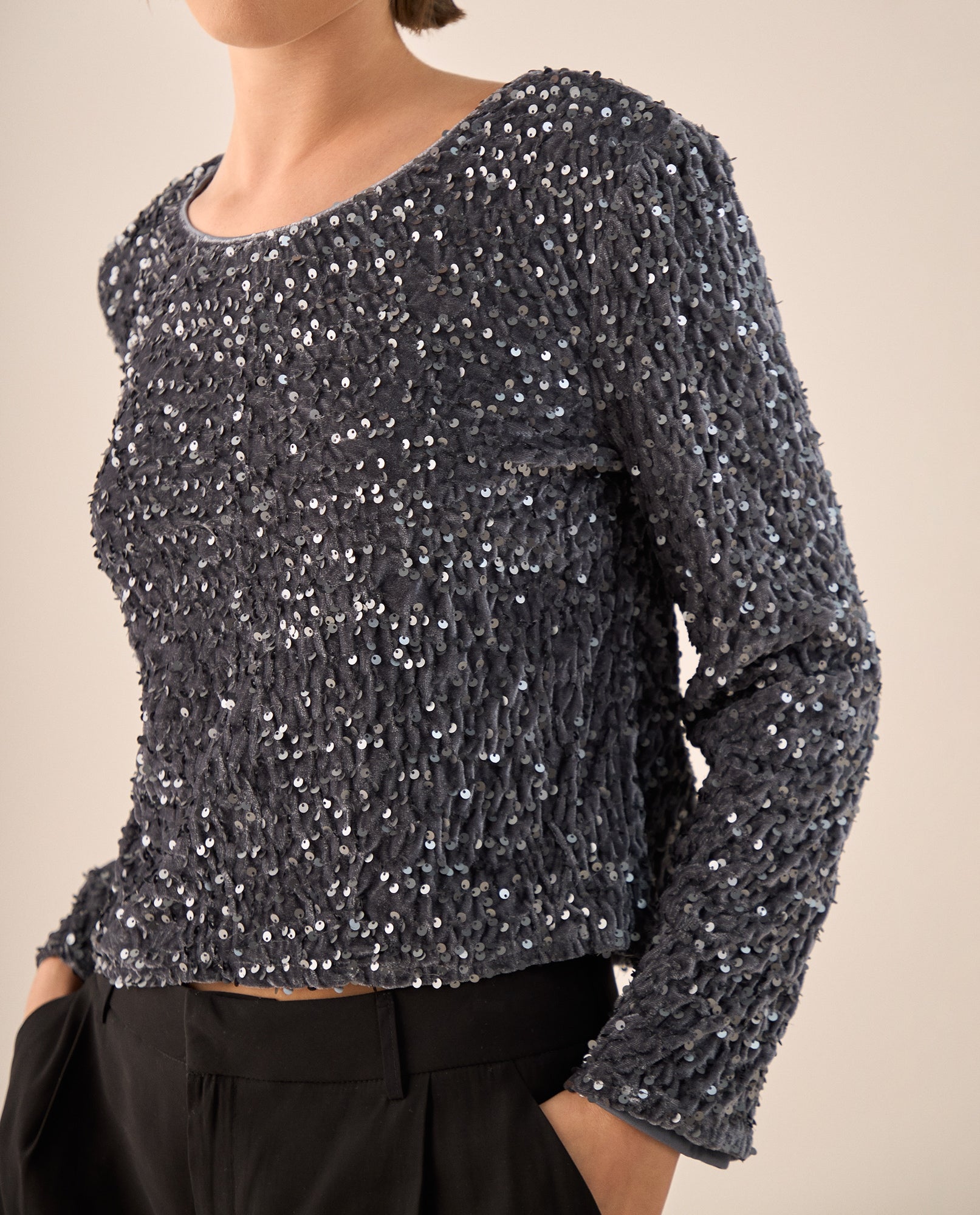 Camisa Lentejuelas Gris Plata Brillante - Gris 34_619G224_GRI140000_3