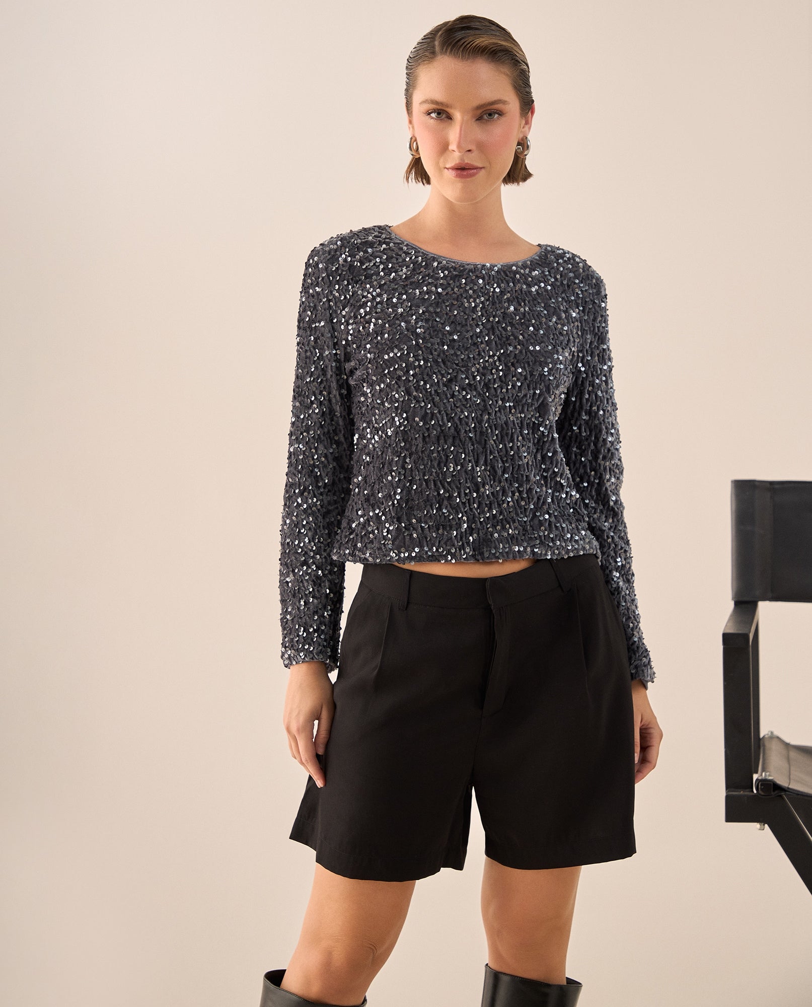 Camisa Lentejuelas Gris Plata Brillante - Gris 34_619G224_GRI140000_4