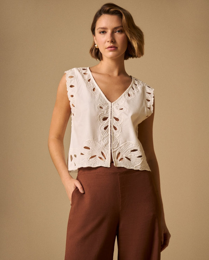 Camisa Blanca con Bordados Calados Artesanales - Crudo 34_619G229_CRU110604_0