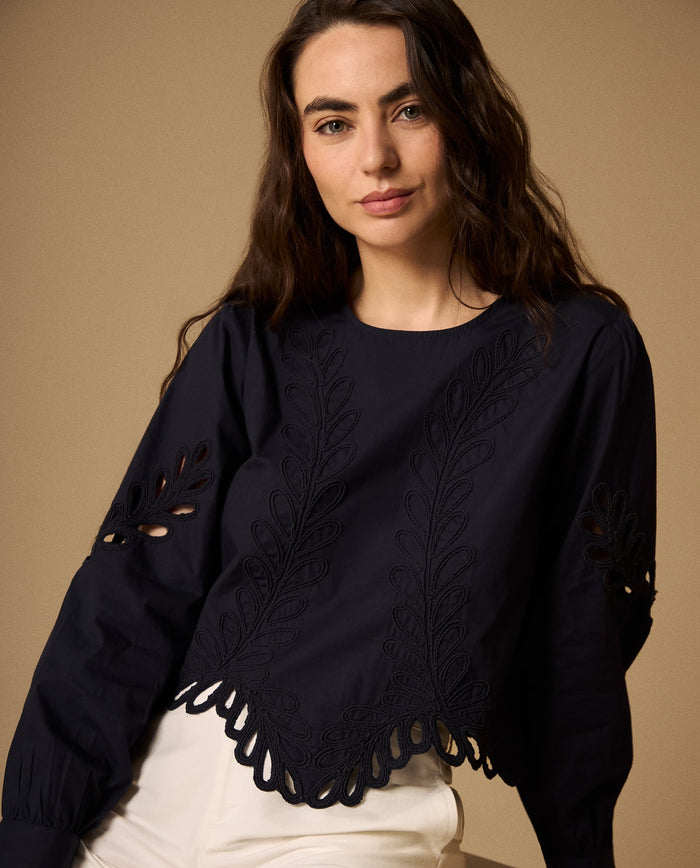 Camisa Azul con Bordados y Calados Artesanales - Azul 34_619G267_AZU184028_0