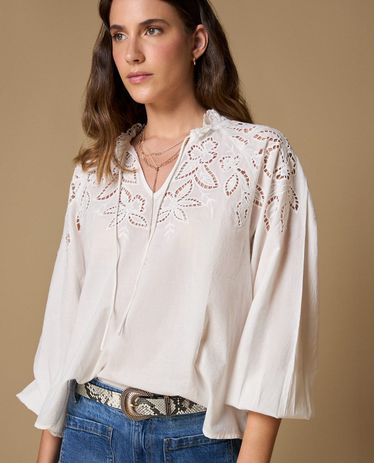 Camisa manga 3/4 bordada algodón - Crudo 34_619H203_CRU114201_0