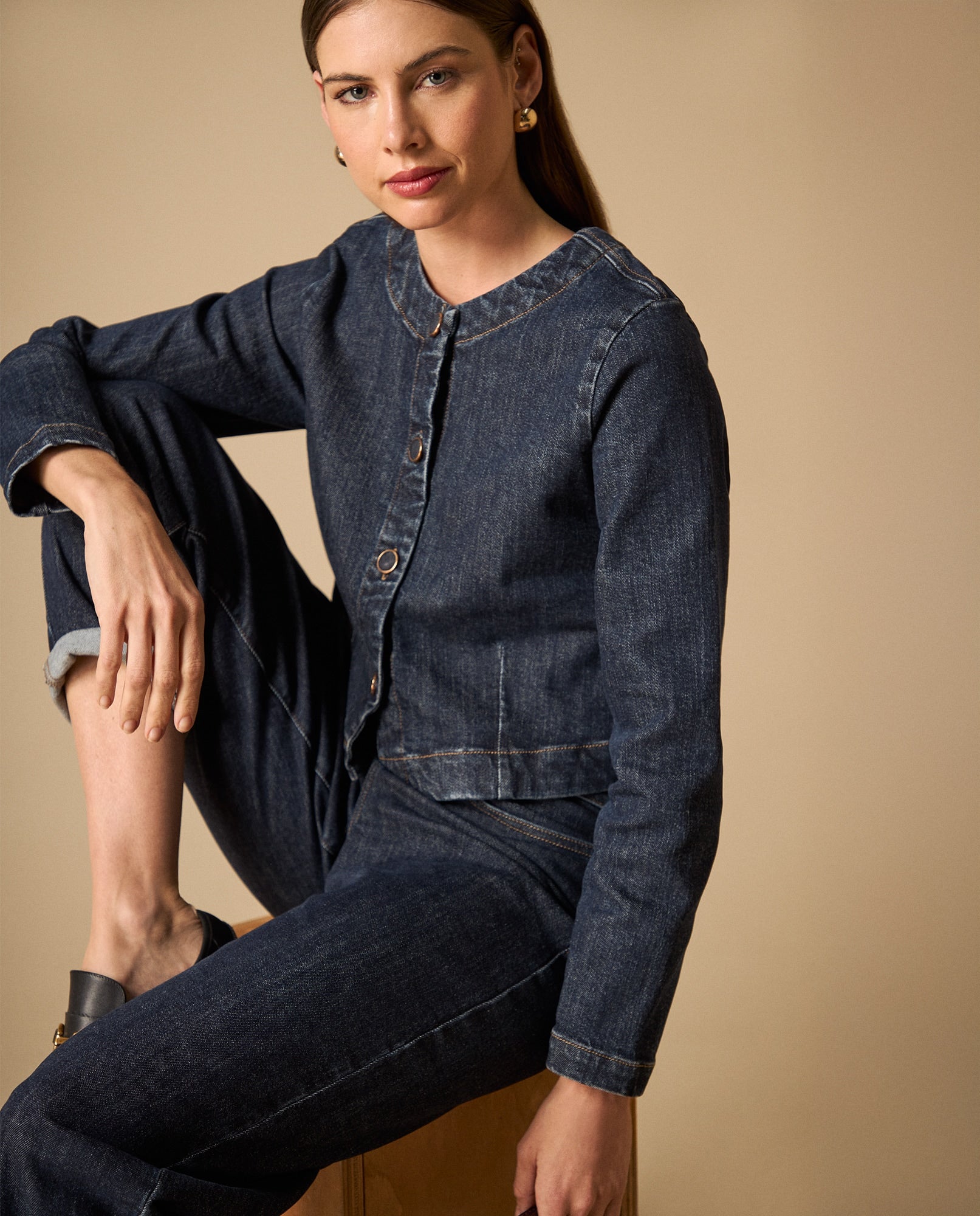 Chaqueta de denim sin cuello con botones frontales - Azul 34_621H000_AZU193924_0
