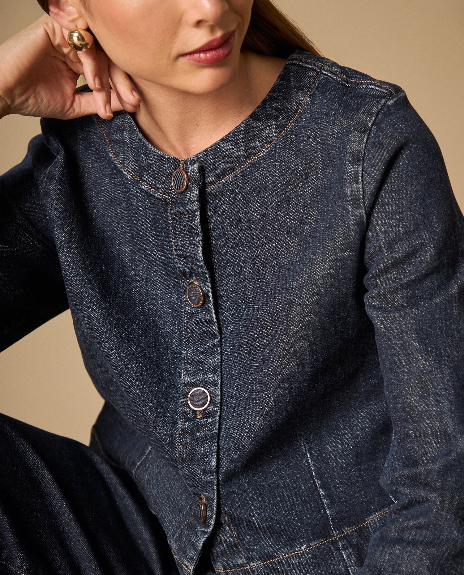 Chaqueta de denim sin cuello con botones frontales - Azul