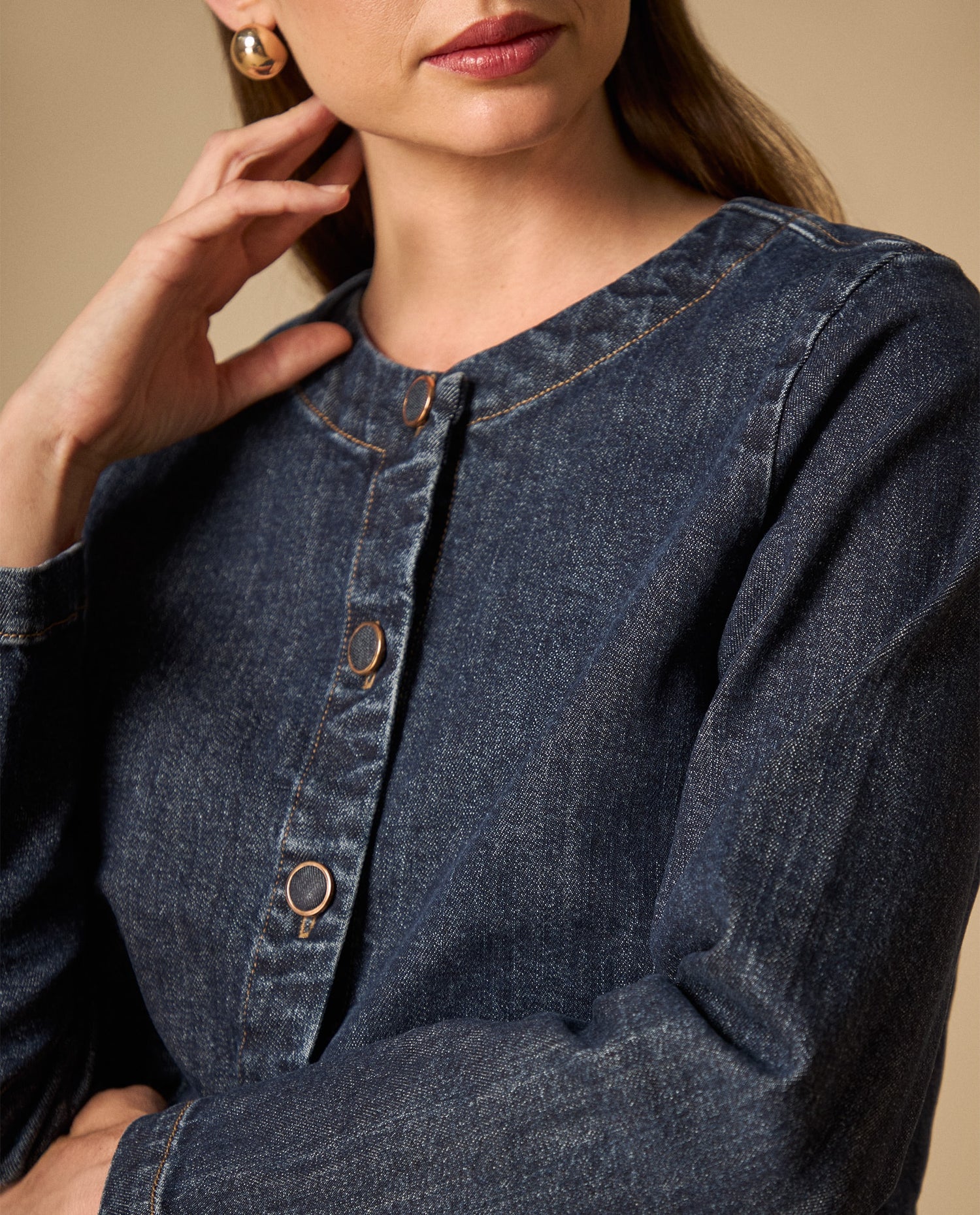 Chaqueta de denim sin cuello con botones frontales - Azul