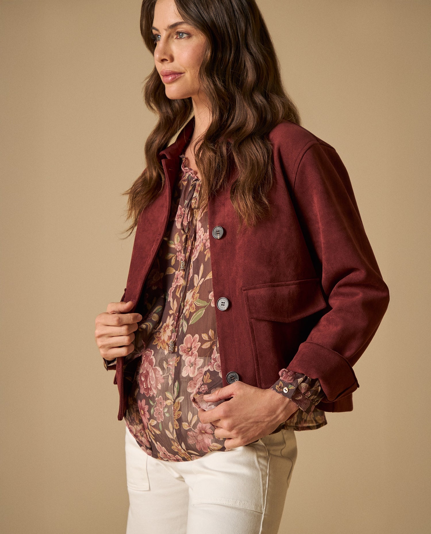 Chaqueta textura tipo ante largo medio - Rojo