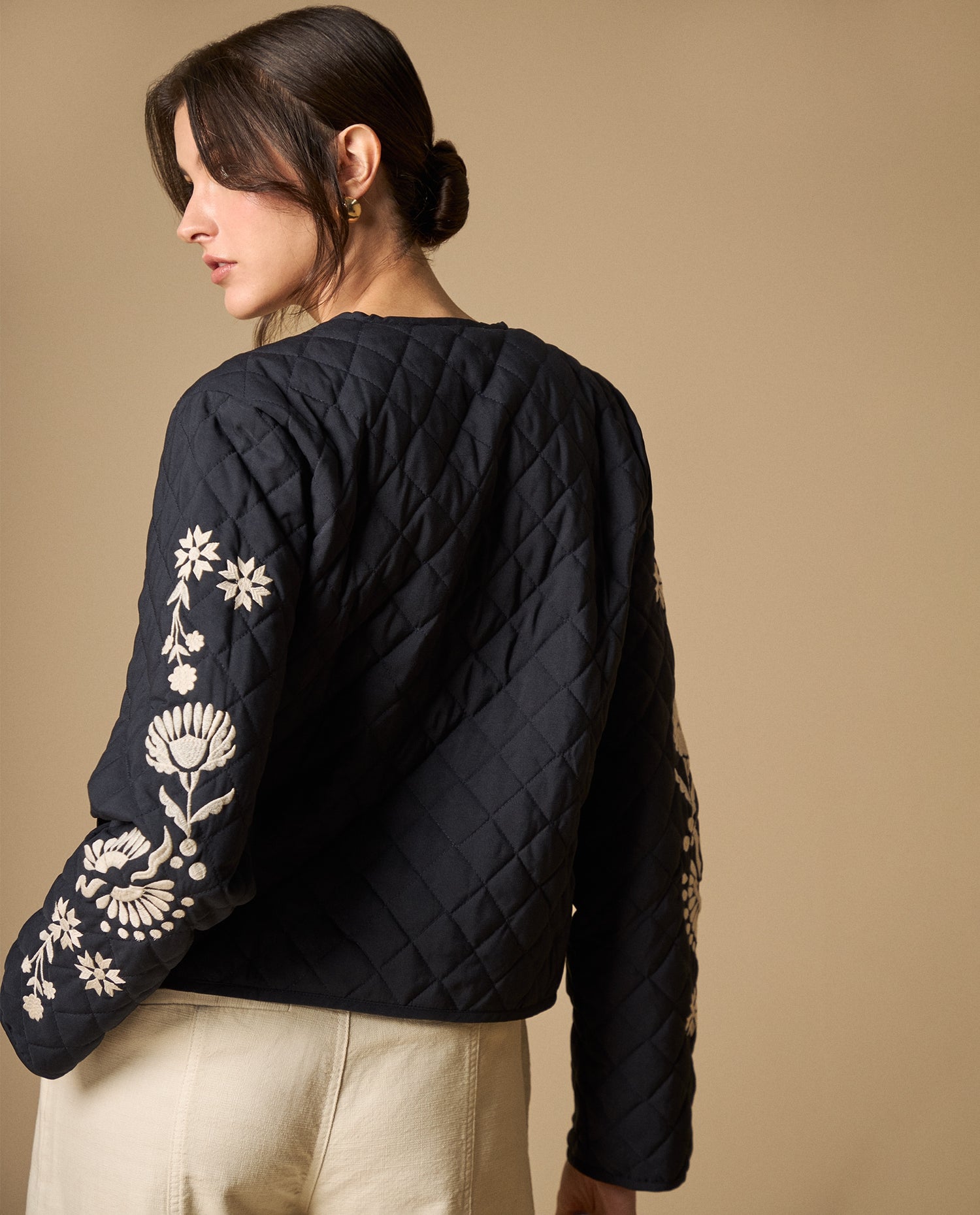 Chaqueta bordada corta con forro - Azul