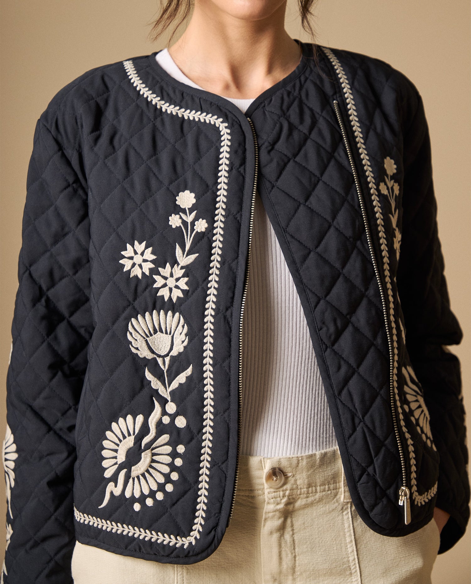 Chaqueta bordada corta con forro - Azul