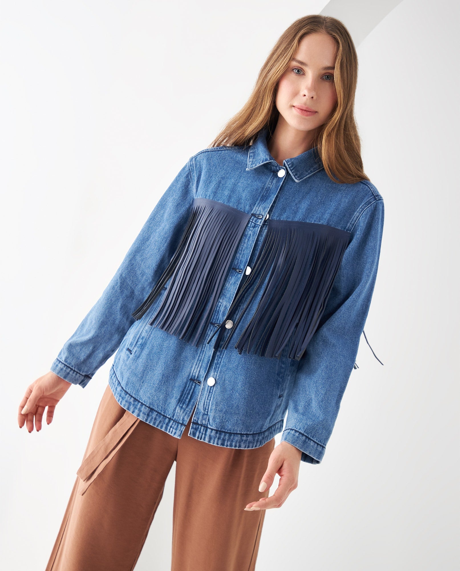 Chaqueta con flecos tipo cuero para mujer - Azul 34_622F003_AZU174027_0