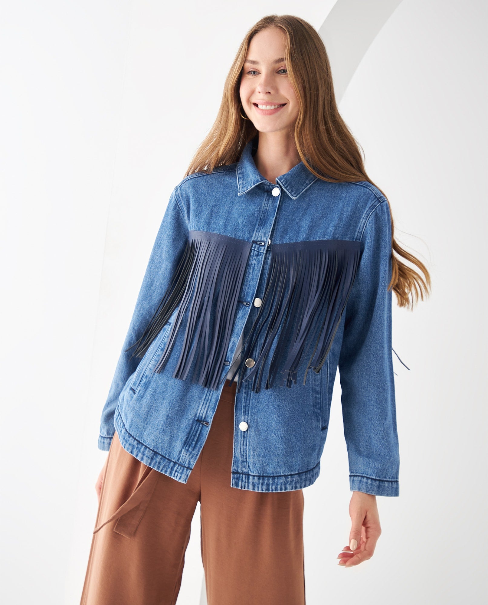 Chaqueta con flecos tipo cuero para mujer - Azul 34_622F003_AZU174027_6