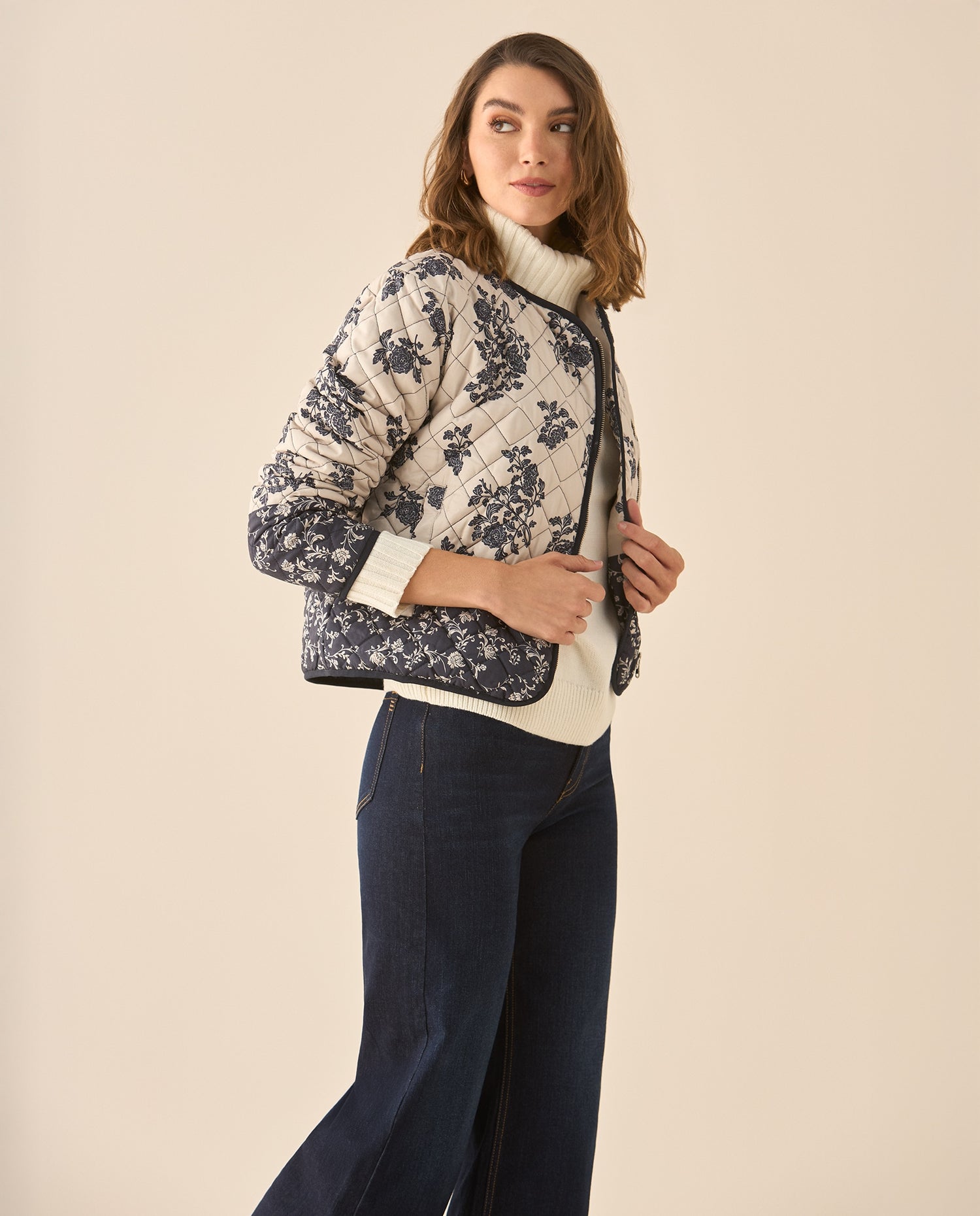 Chaqueta tipo abullonada con estampado de flores para mujer - Azul