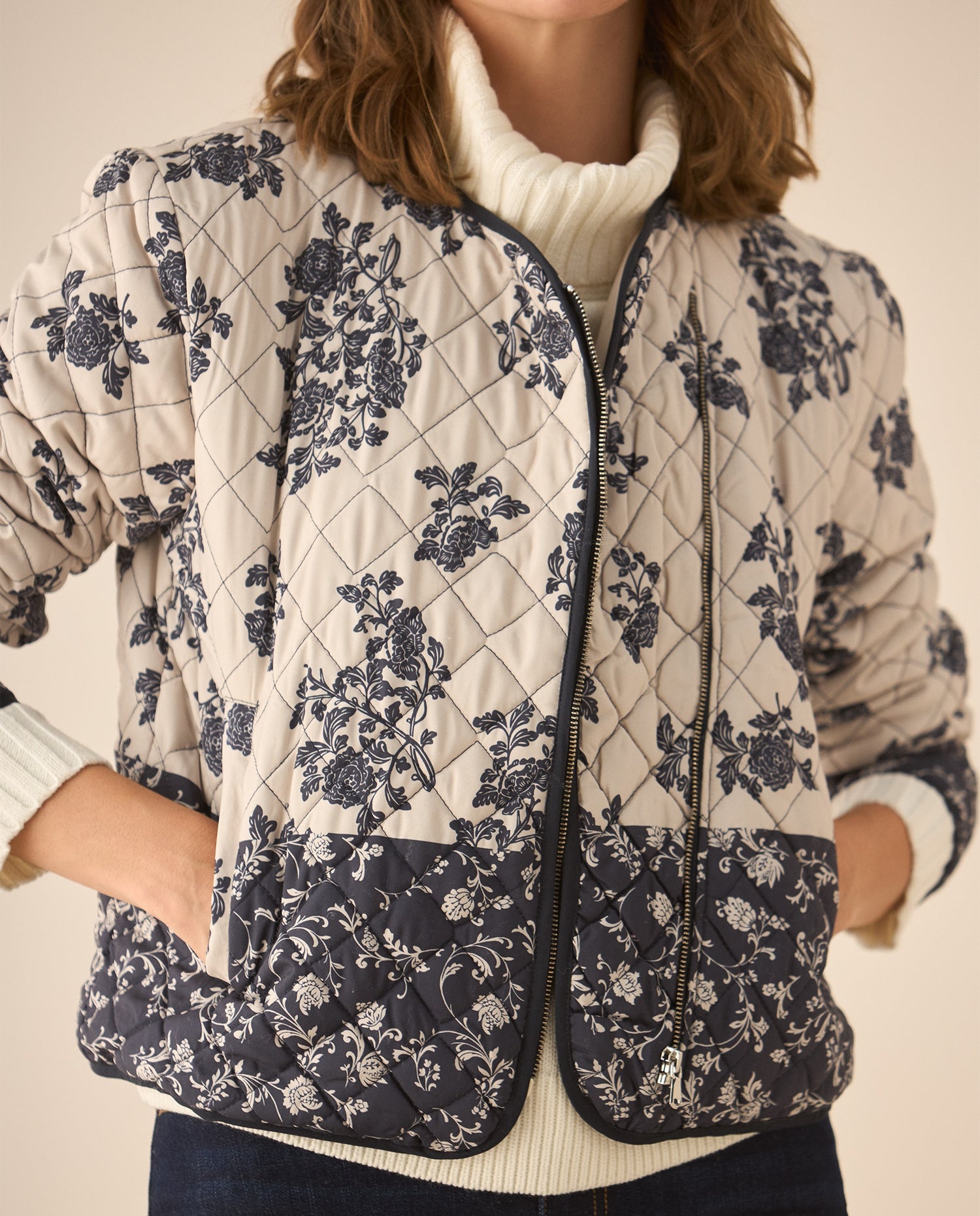 Chaqueta tipo abullonada con estampado de flores para mujer - Azul