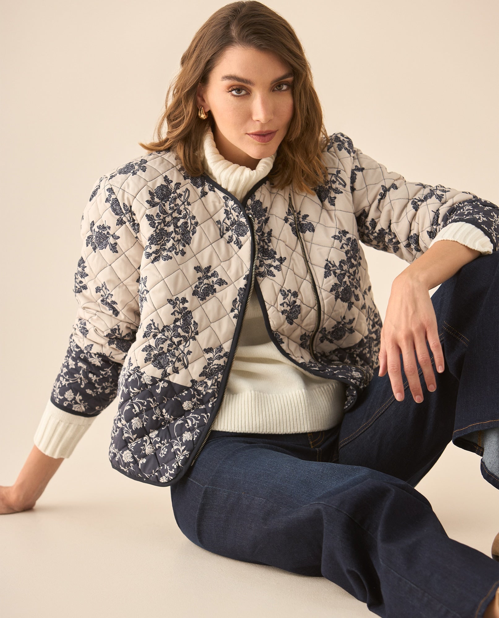 Chaqueta tipo abullonada con estampado de flores para mujer - Azul 34_622G209_AZU184022_5