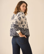 Chaqueta tipo abullonada con estampado de flores para mujer - Azul