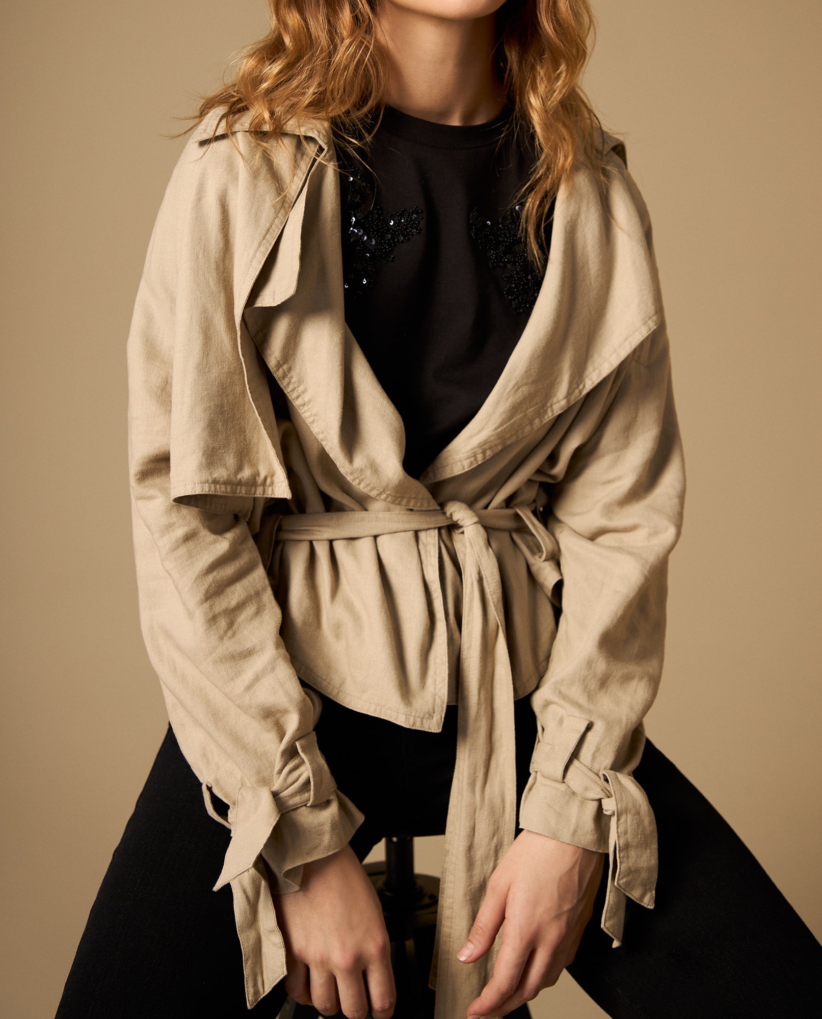 Chaqueta ligera con lazos decorativos en mangas - Beige 34_622H005_BEI161212_0