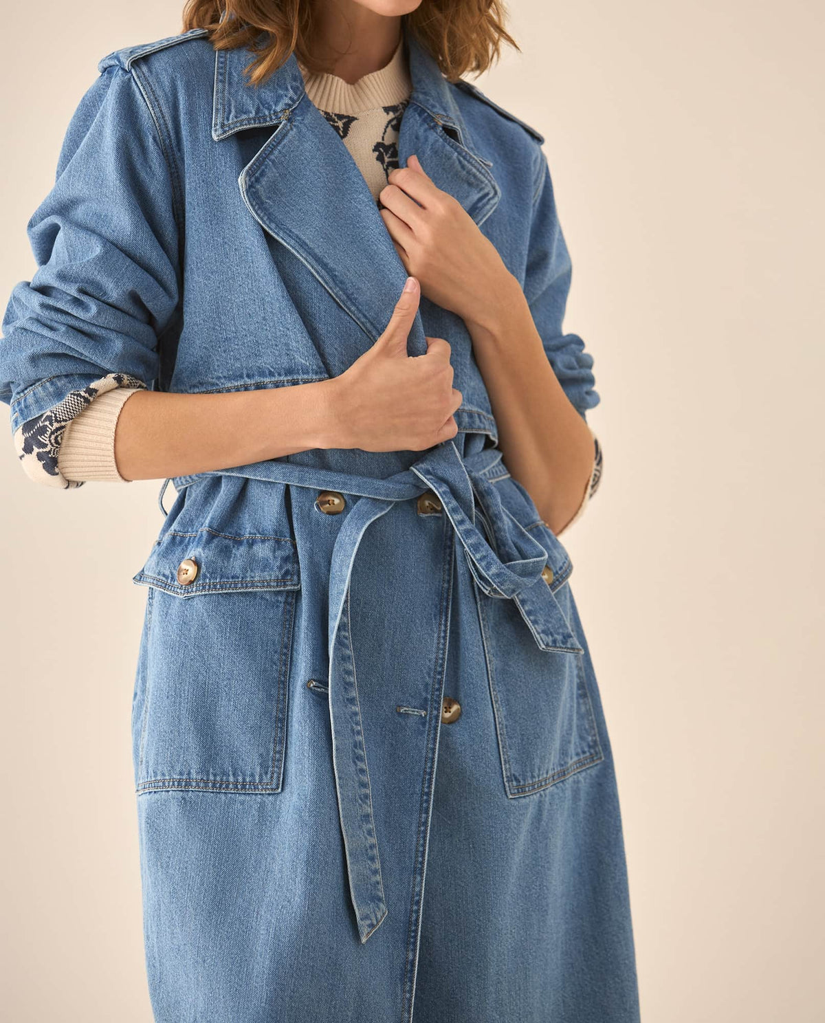 Abrigo en denim tipo trench con cinturón para mujer  - Azul 34_623G012_AZU134110_4