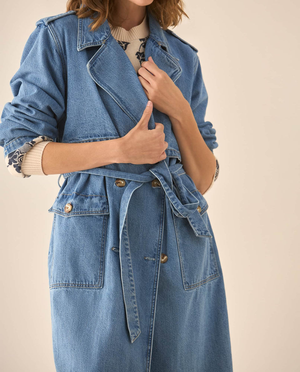 Abrigo en denim tipo trench con cinturón para mujer  - Azul 34_623G012_AZU134110_4