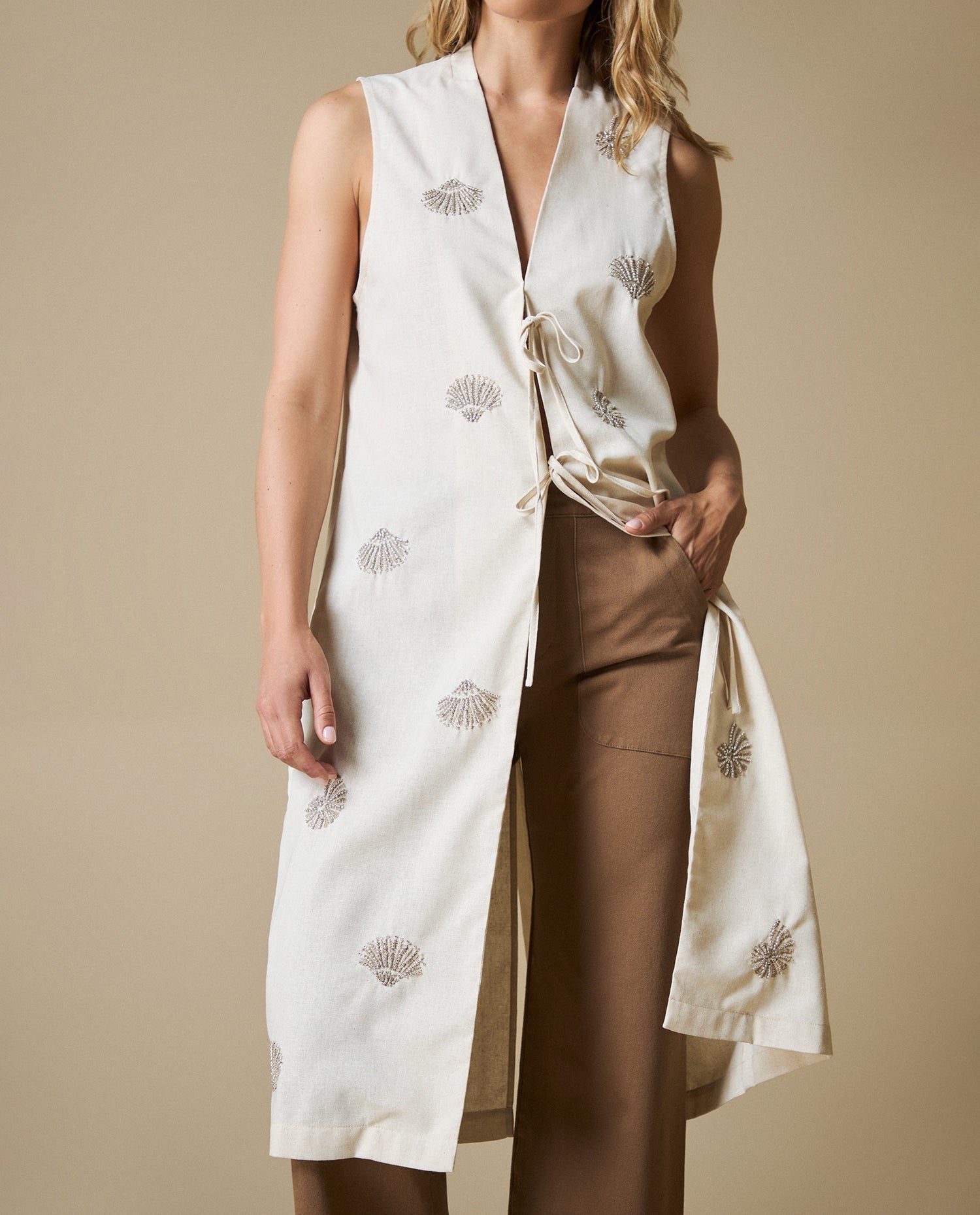 Chaleco medio algodón lino - Beige