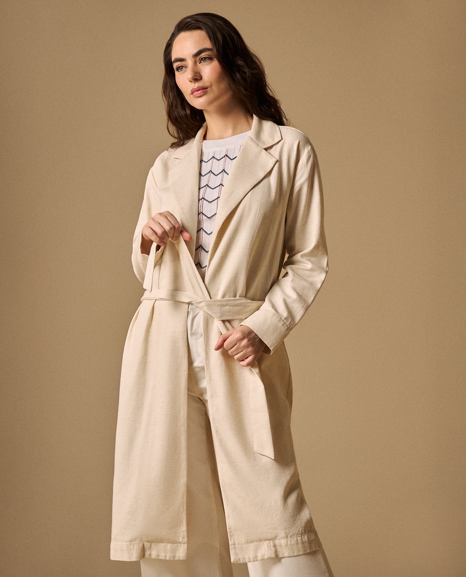 Chaqueta Larga con Cinturón Blanco Celaje - Blanco