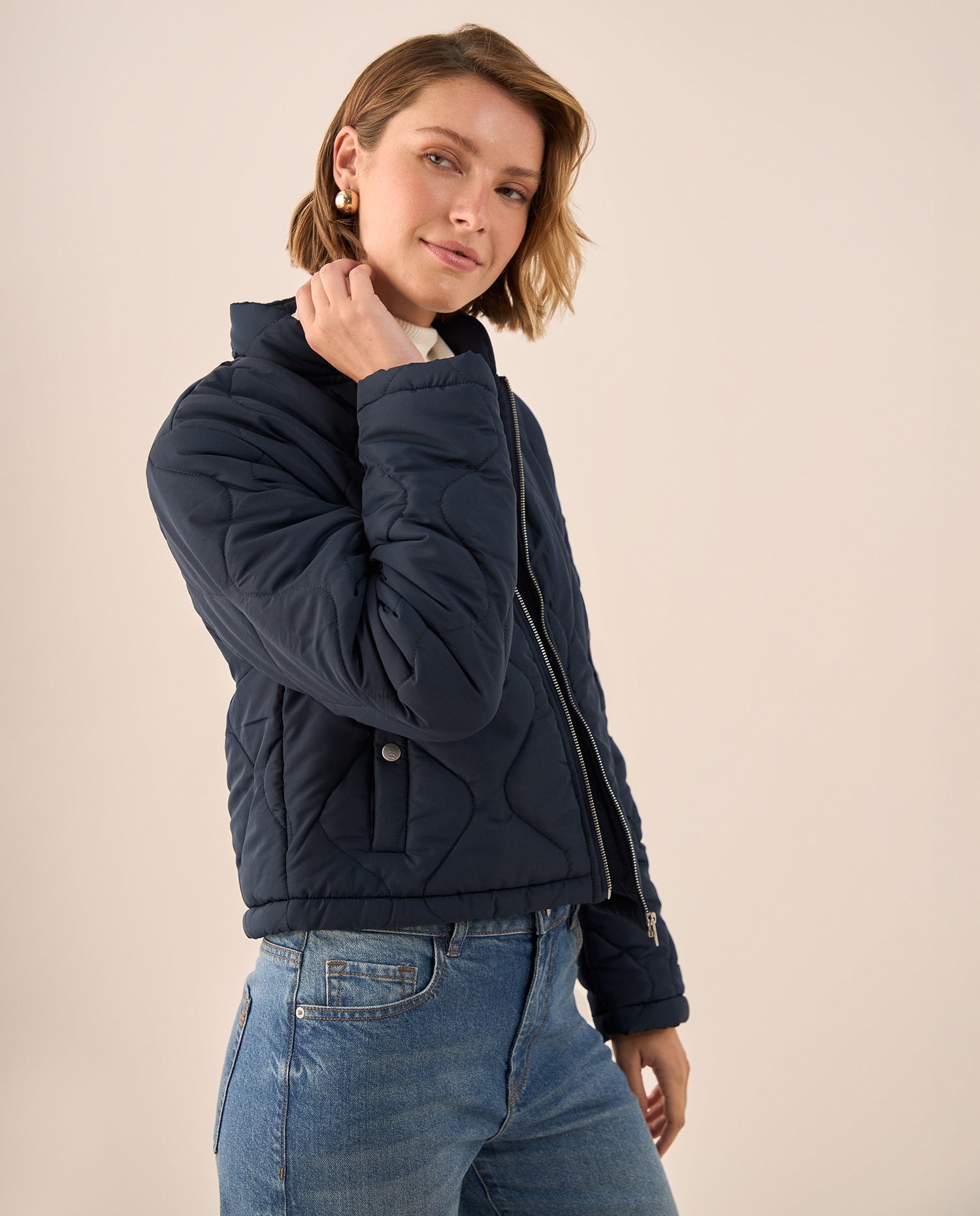 Chaqueta Acolchada Azul con Patrón Diamante - Azul
