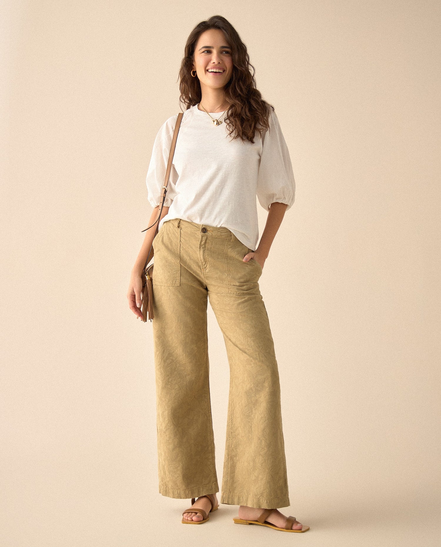 Pantalón con diseño de flores para mujer - Café