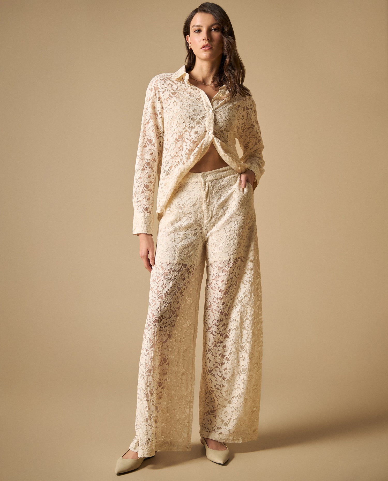 Pantalón palazzo de encaje con forro - Crudo
